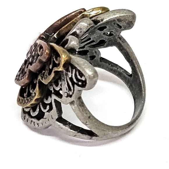Unique Large Tri-Color 3D Pewter Butterfly Cocktail Ring Size 8 - Picture 3 of 8